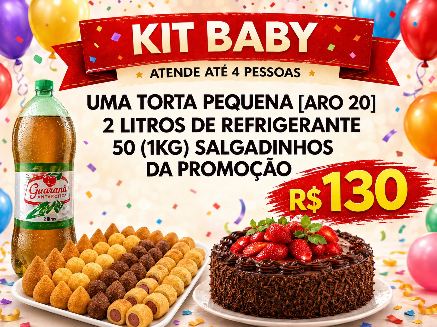 Salgados e bolo do Kit Baby
