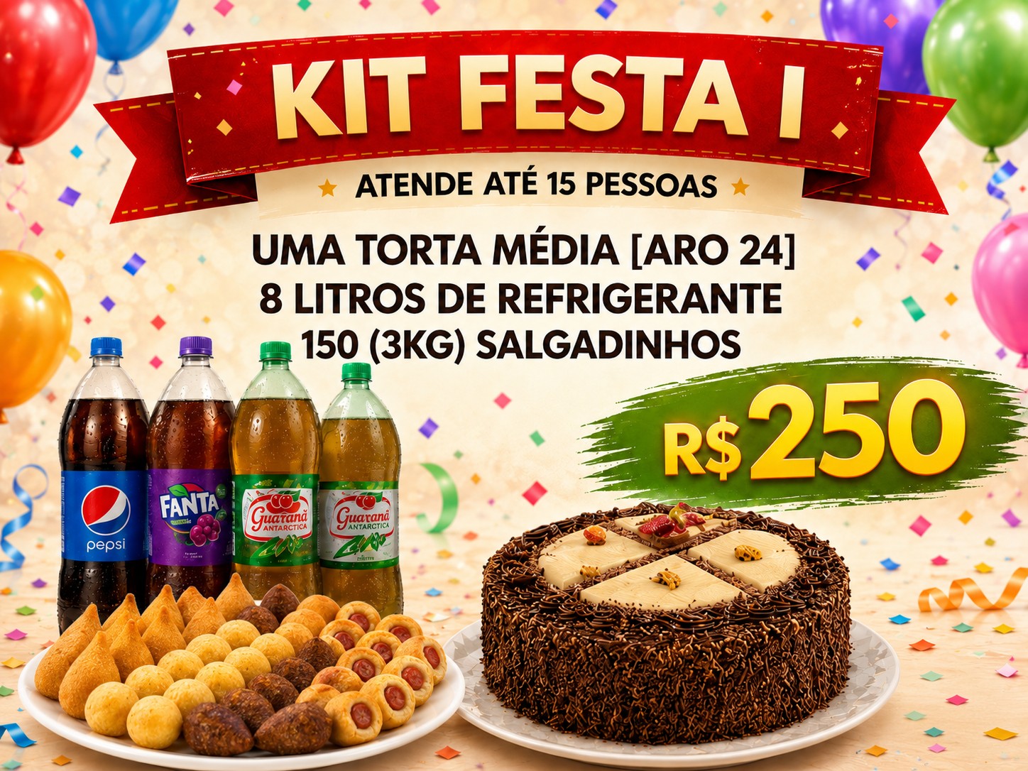 Salgados e bolo do Kit Festa I