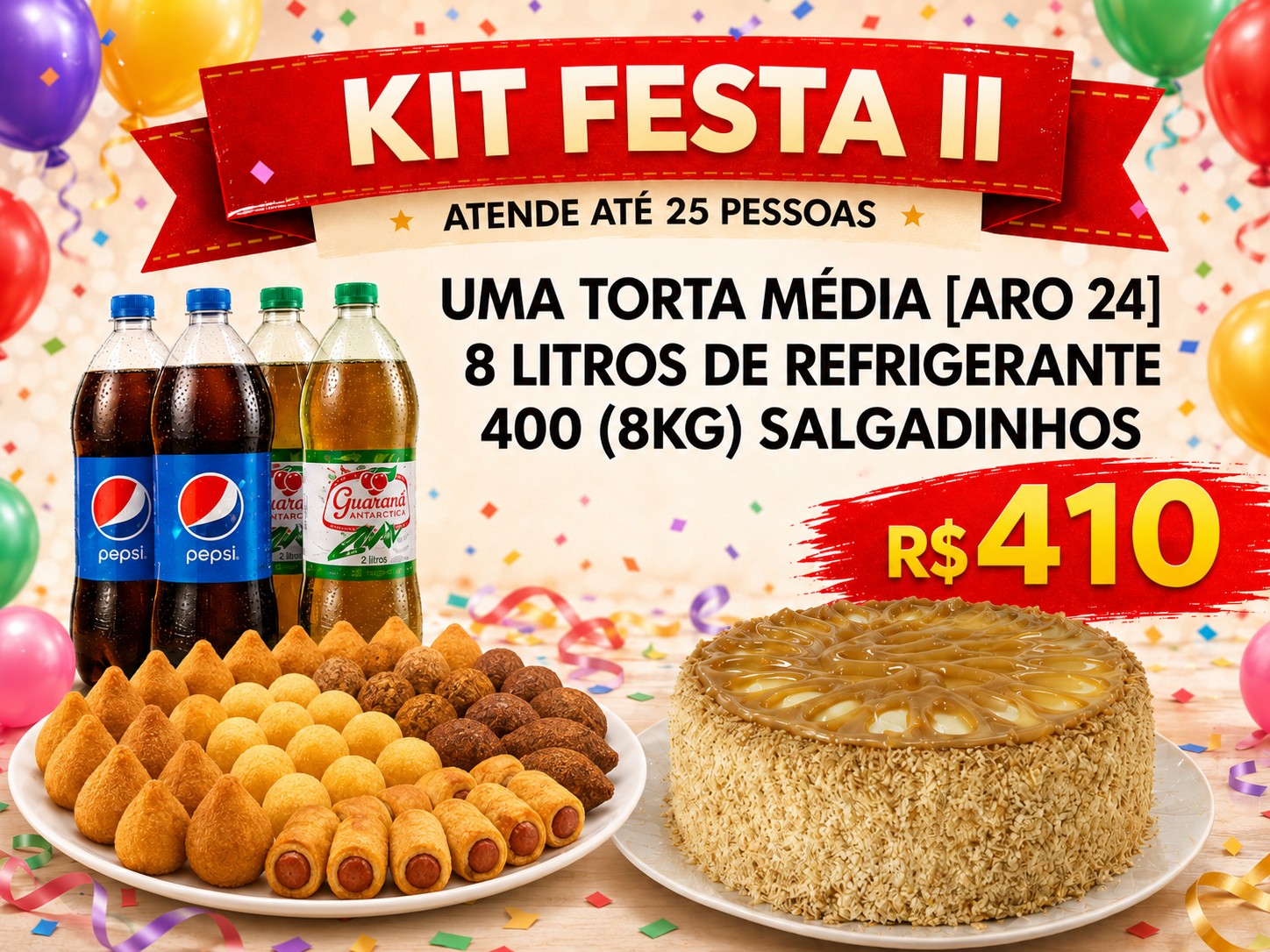 Salgados e bolo do Kit Festa II