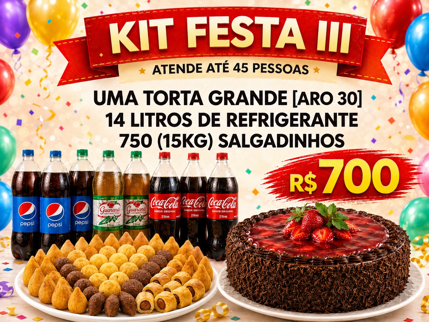 Salgados e bolo do Kit Festa III