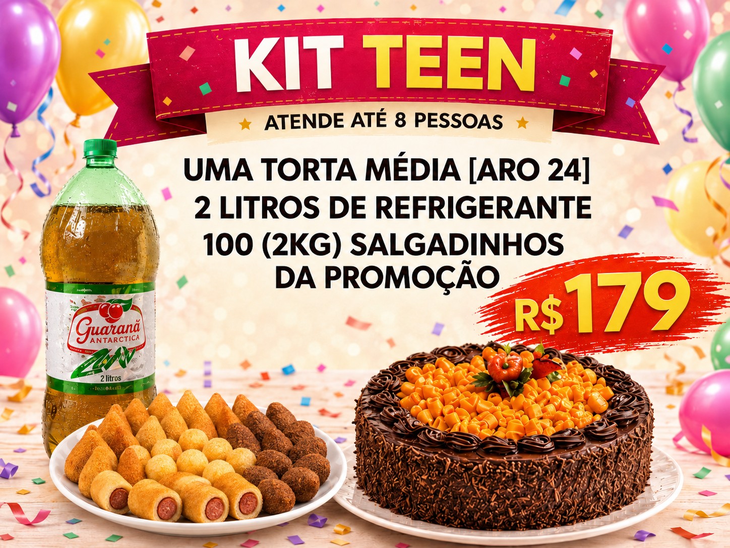 Salgados e bolo do Kit Teen